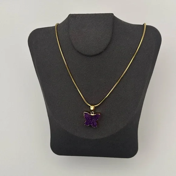 Purple Druzy Butterfly Pendant Necklace on Gold Stainless Steel Snake Chain - Picture 4 of 5